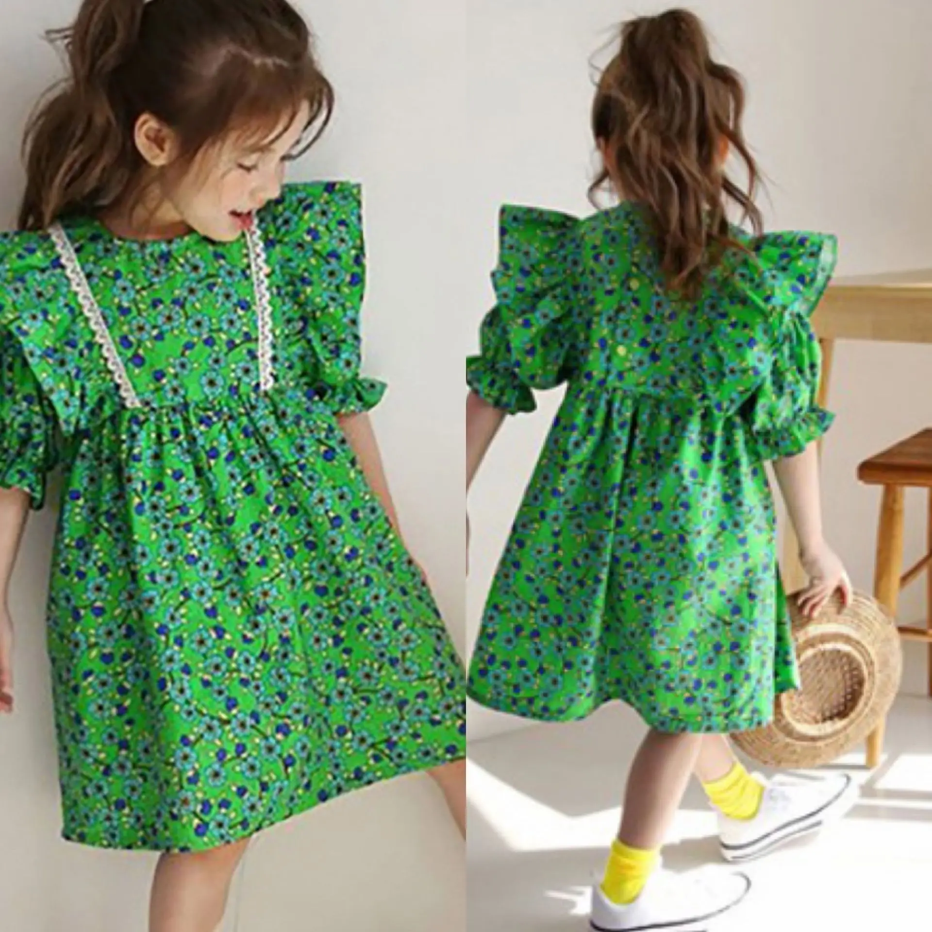 

3-7Y Children's Dress Fashion Ruffle Short-sleeve Stitching Summer Dress Kids Clothes New Sweet Floral Print Girl Dress