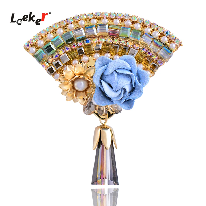 

LEEKER Gothic Style Solid Blue Flower Fan Shaped Crystal Drop Brooch Pin For Women Vintage Jewelry Accessories 168 LK2