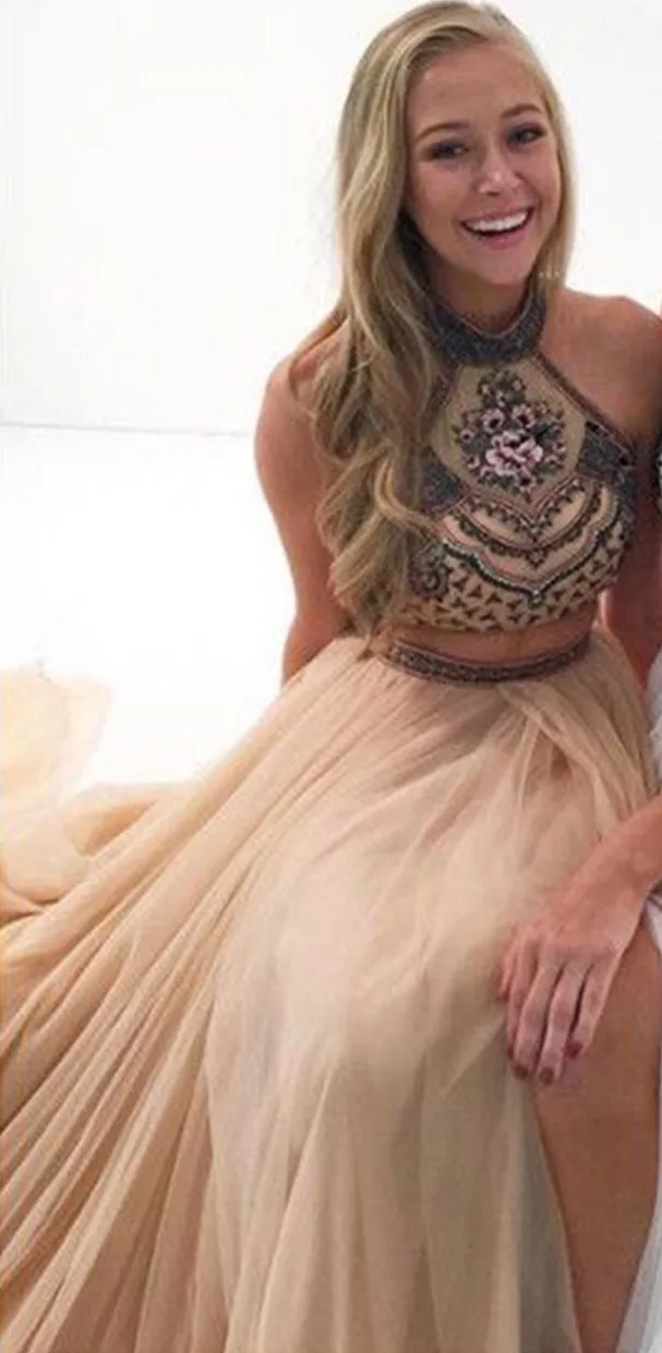 Шампанское Vestido De Formatura белое платье для выпускного вечера es шифоновое платье с цветочной вышивкой и лямкой на шее ТРАПЕЦИЕВИДНОЕ ПЛАТЬЕ из двух частей для выпускного вечера - Цвет: Шампанское