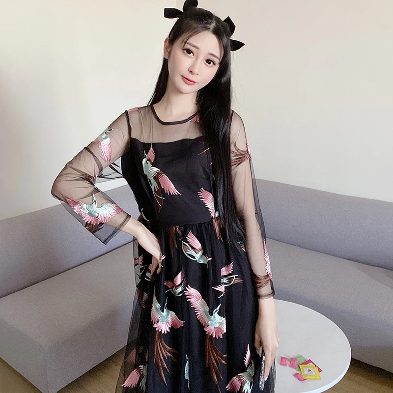 

Boho Embroidery Summer Party Dress Women Loose Long Sleeve Casual Beach Long Dress Black Vintage Harajuku A-Line 2021 C207