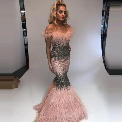 Платье вечернее с бахромой и перьями длинное платье юбкой годе кристаллами