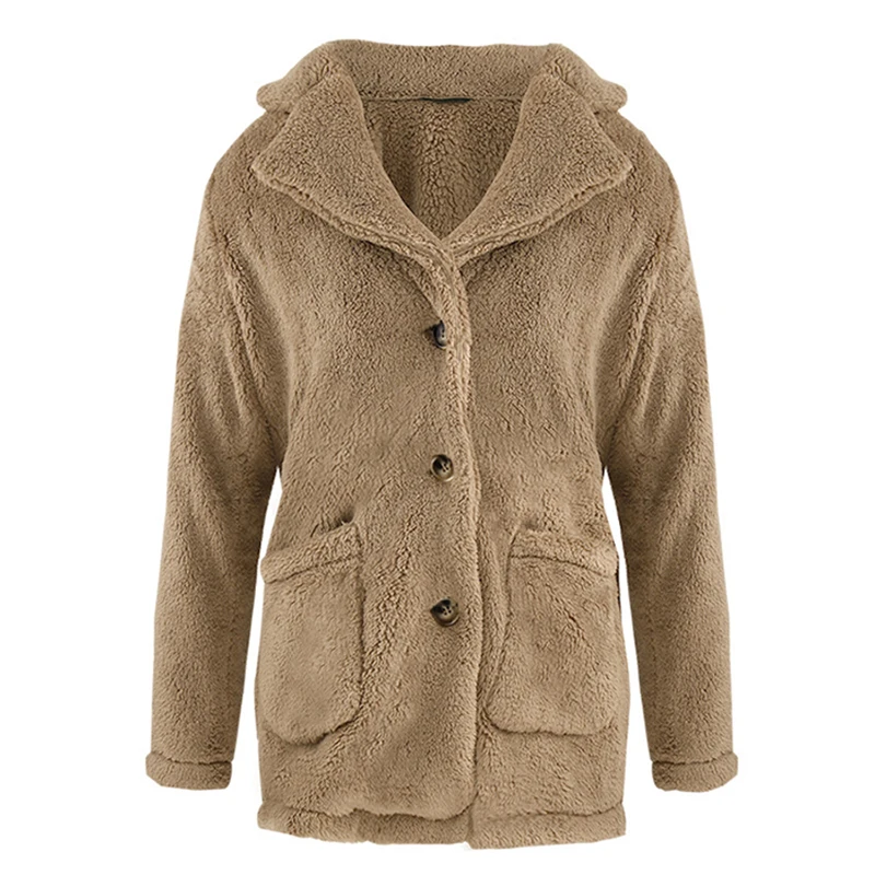 

Elegant Faux Fur Women Coat Autumn Winter Warm Female Plush Overcoat Pocket Casual Teddy Outwear