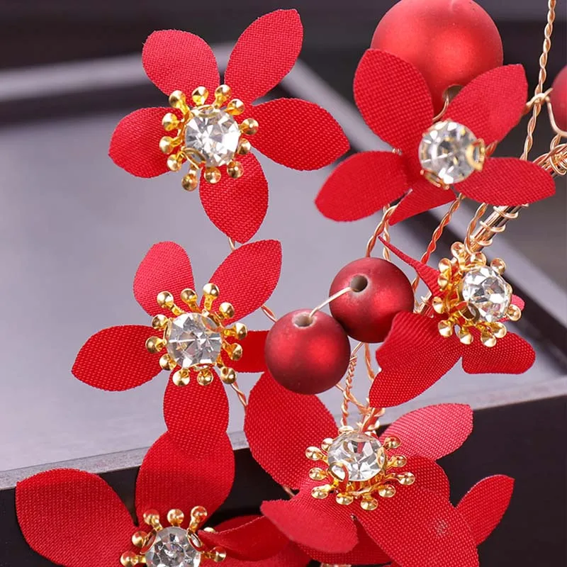 

Women Chinese Style Red Flower Headband Bridal Wedding Simulation Pearl Headpiece Delicate Hairband Tassel Earrings MAEA99