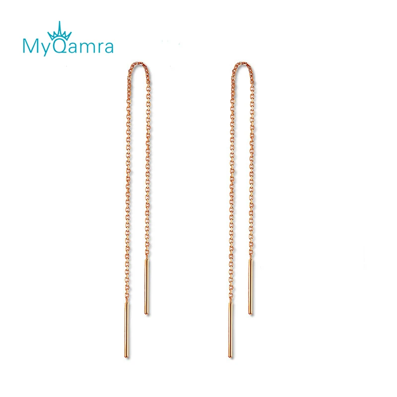 18k gold Authentic 18k Gold Chain Earring For Women Simple Style None Stone Rose Gold Color Ear Line Fashion Jewelry - Цвет камня: 18k gold