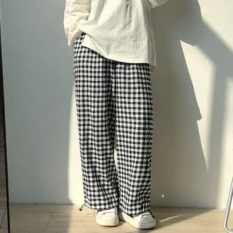 

2021 Spring And Autumn New Youth Popular Loose Plaid Wide Leg Straight Pants Fashion Casual Cropped Pants Black/Brown