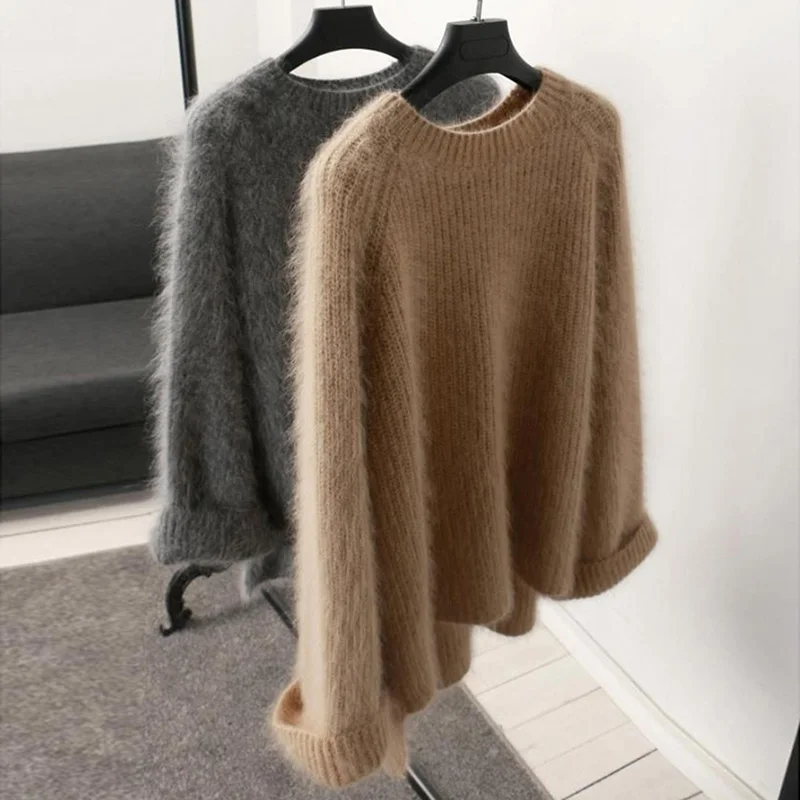 Женский свитер из мохера повседневный пуловер с длинными рукавами и круглым - Фото №1