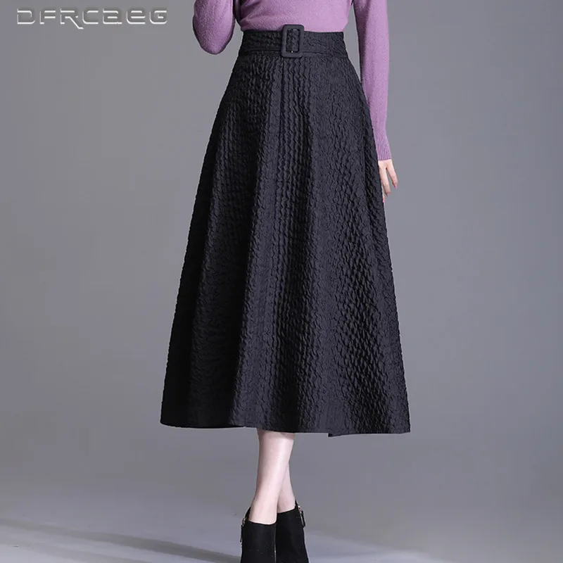 

Khaki Black Vintage Women's A-Line Long Skirt With Belt 2021 Autumn High Waist Elegant Casual Lady Folds Saia Longa