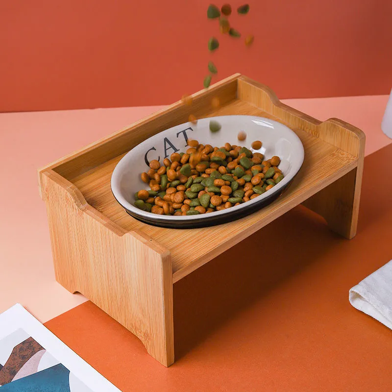 

Pet Ceramic Feeding and Water Bowls Cat Bowls with Stand Dual Ceramic Cat Food Bowl with Bamboo Frame for Dogs and Cats Pets