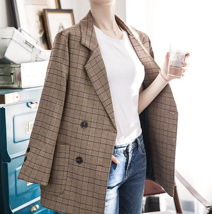

Vintage Plaid Checked Blazer Women Long Sleeve Suit Jacket Coat Femme Casual Double Breasted Outerwear Female Autumn Winter 2020
