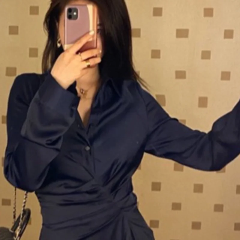 

2021 New French Style Waist Slim Temperament Dresses for Women Elegant Blue Shirt Skirt Dress Autumn and Winter Birthday Dress