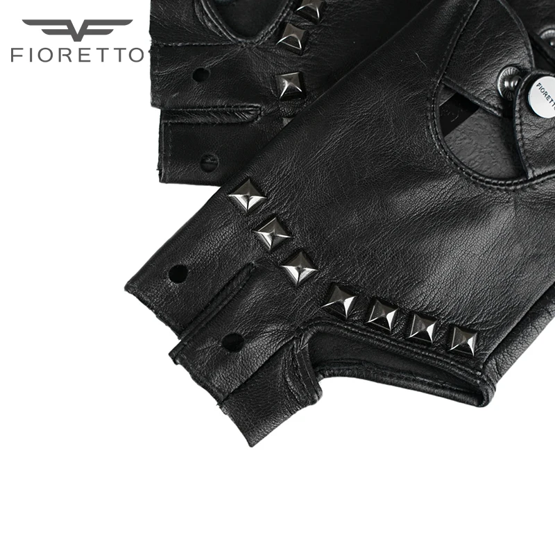 

Fioretto Women Fingerless Driving Leather Gloves Black Half Finger Motocycling Gloves Punk Rock Rivets Studs Gloves