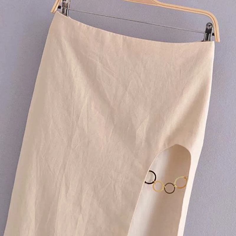 

HWLZLTZHT ZA2021 Summer Women Linen Skirts Solid Split fork Fashion Vintage Female Elegant Mid-Calf Skirt