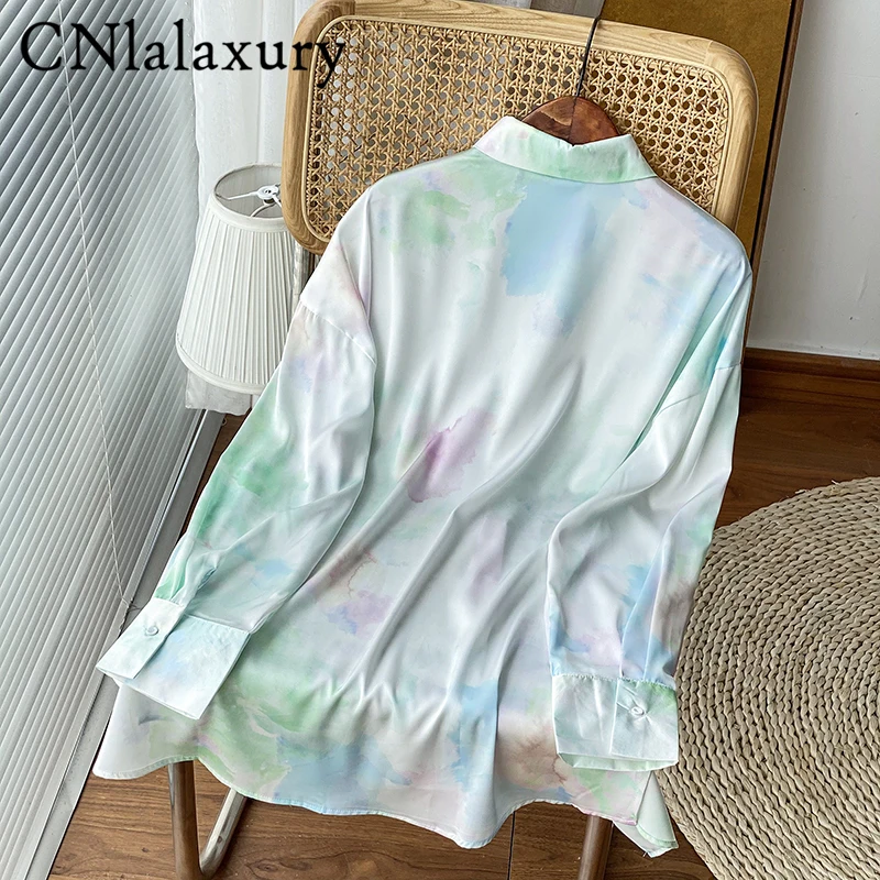 CNlalaxury 2022 New Tie Dye Satin Shirt Woman Oversize Button Up Long Sleeve Autumn Blouse Loose Casual Streetwear Blusas Top | Женская