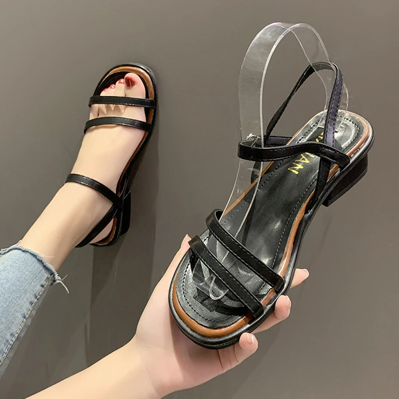 

All-Match Clear Heels 2021 Sandals Black Shoes for Women Buckle Strap Med Espadrilles Platform New Beige Gladiator Summer Retro