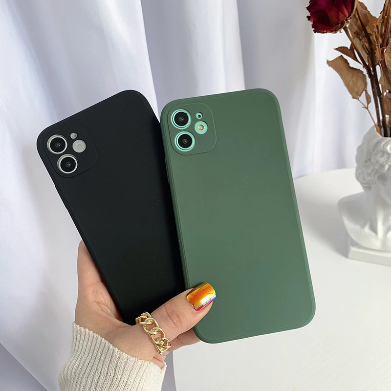 

Silicone Square TPU Soft Phone Case For iPhone 11 Pro Max XS XR X Luxury Solid Color Camera Lens Frame Case For iPhone 6 7 8 SE