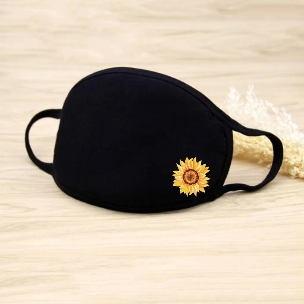 

4PC Free Size Sunflower Print Cotton Mask Washable and Reusable Dustproof Breathable Multi-Purpose Black Face Cover A50