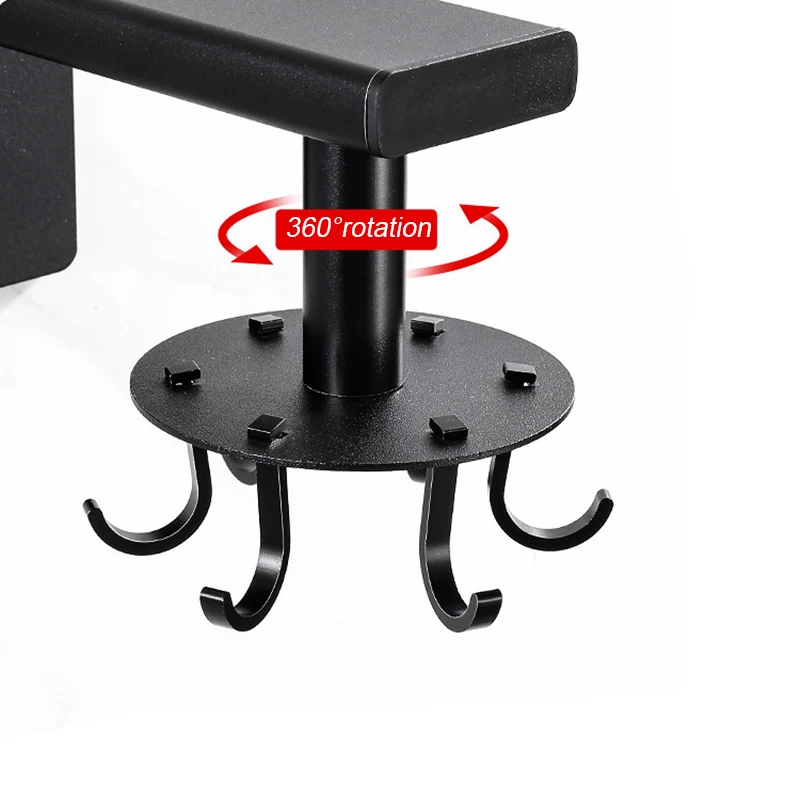

Wall Mounted Kitchen Sliding Rail Rotatable Hooks Space Aluminum Organizational Rack with 6 Hooks for Towel Pot Pan INTE99