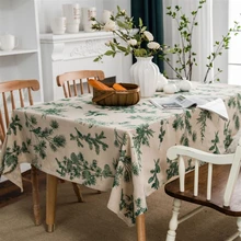 Green Printing Tablecloth Cotton Linen Rectangular Birds and Plants Print Table Cover Dining-garden-Kitchen Tables Decoration