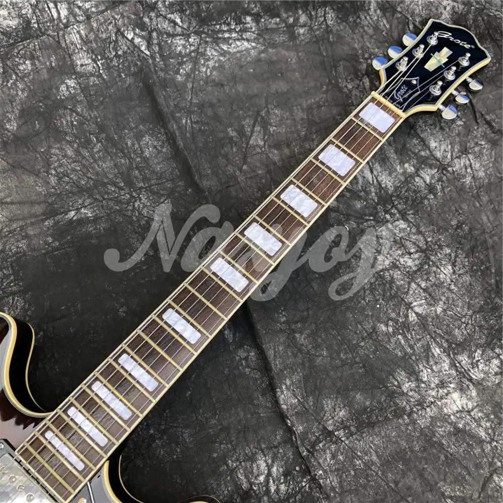 grote kaffee farbe flamme ahorn e gitarre hohl körper doppel f löcher dünne körper palisander griffbrett jazz free global shipping