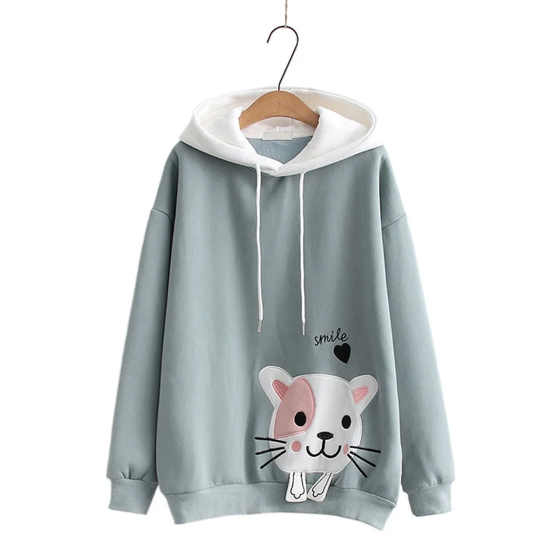New Autumn/Winter 2021 Harajuku Hoodies Cute Cat Embroidery Hooded Plus Velvet Thick Fleece Sweatshirt Women Pullovers 23666