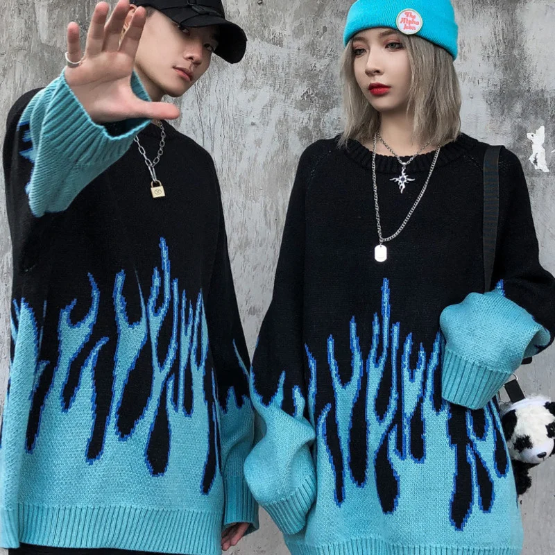 Y Demo Streetwear Gothic Flame Sweater Women Casual Oversized O Neck Long Sleeve Knitted Pullover Couple Outerwear Fashion | Женская