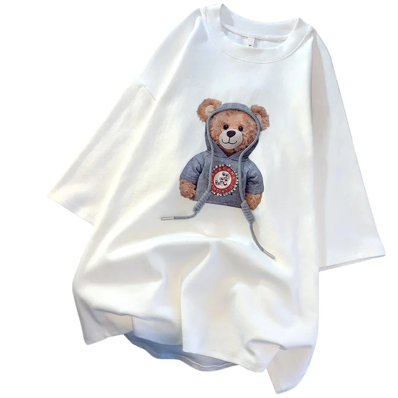 

Teddy Bear Printed T-shirt Retro Street Hip Hop Short Sleeve Women's T-shirt Round-Neck 2021 Female Summer Tops