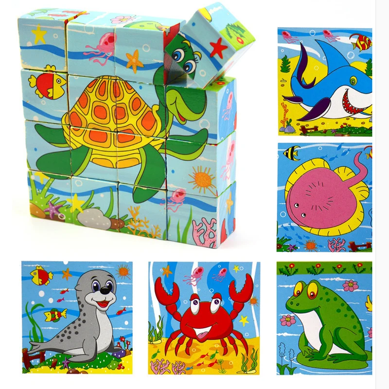 

16pcs/set 3D Kids Wooden Blocks Toys Cartoon Print Animal/Sea World/Music/Famer/Soprt Domino Children Educational Toy Juguetes