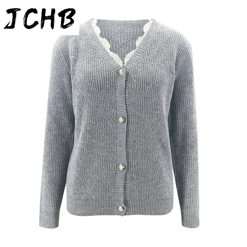 

Knitted Women Cardigans Women Autumn Winter Single-Breasted Lace Patchwork V-Neck Long Sleeve Solid Casual Loose Sweater Outwear