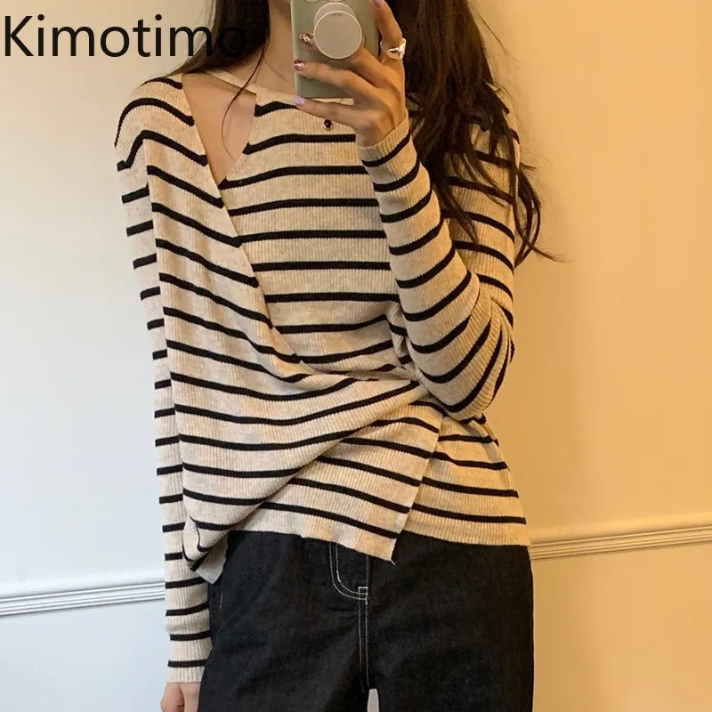 

Kimotimo Fake Two Striped Knit Tops Women Korean Chic Design Side Buckle All-match Pullover Autumn Casual Long Sleeve Sweater
