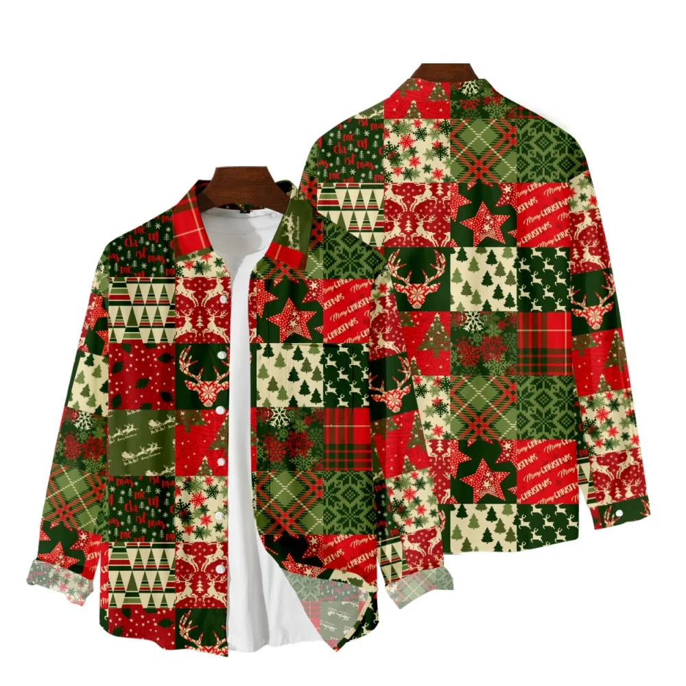 

2021 Hot Christmas Pattern Loose Trend Harajuku Casual Large Button Long Sleeve Cardigan Men's Shirt 31