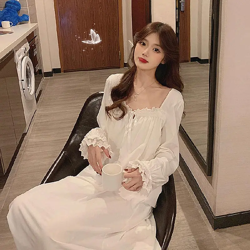 Women Pajamas Set PrincessPalace Style Nightgown Sexy Lace Long Sleeved Nightwear  Sleep Clothing Winter Korean Sweet Nightdress