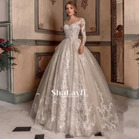 luxury wedding dress scoop ball gown lace elegant applique full sleeve bride dress cathedral train bridal gown plus size lace up