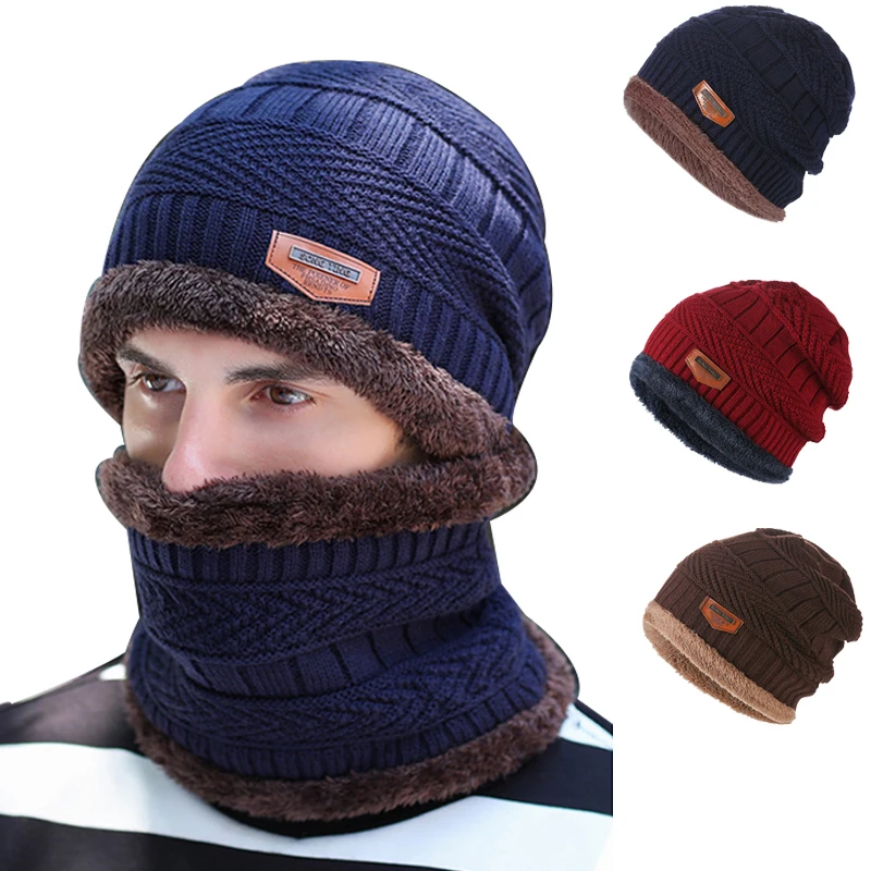 

2pcs Hat And Scarf Combination Winter Men's Knitted Baseball Cap Plus Velvet Padded Bib Scarf Windproof And Warm Outdoor Warm