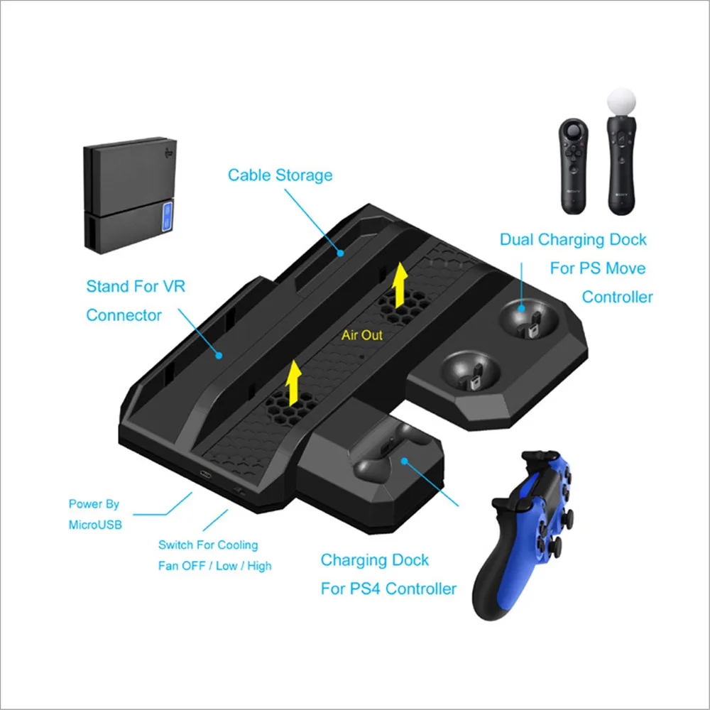 PS4 Pro Slim/PS VR Move Вертикальный охладитель для зарядки контроллеров и док-станция для зарядки очков PS для серии PS4/Move.