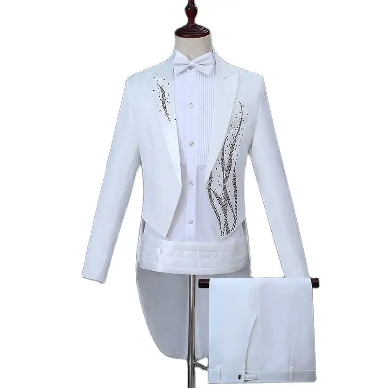 

(Jacket+Pant+Belt+Bow)Mens Wedding Groom Slim Fit Dress Suits with Diamonds Stage Costume Singer Host Chorus Suits Tuxedo White
