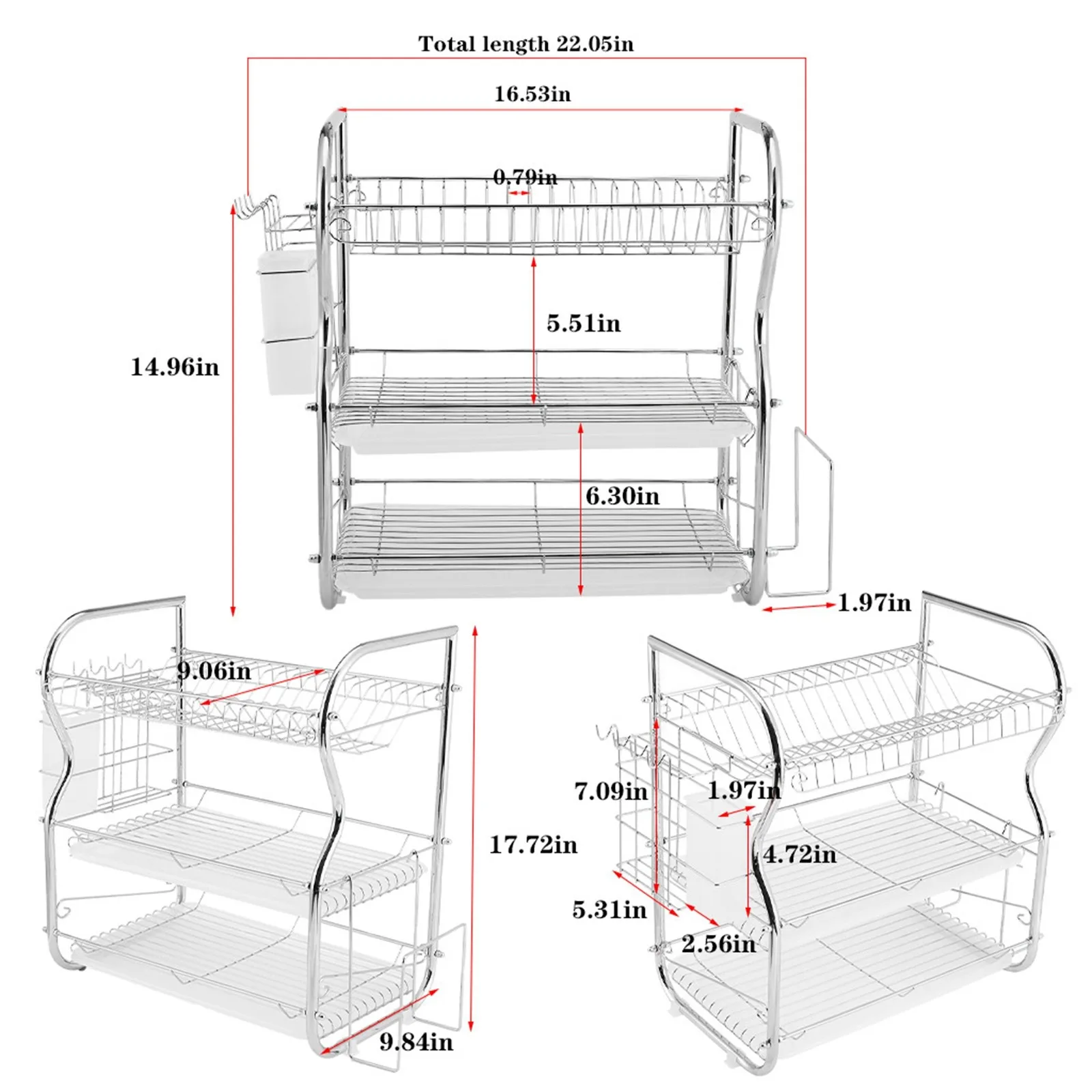 

3 Tier Dish Rack Dish With Utensil Holder Cup Holder Heavy Duty Steel Drying Rack Dish Drainer for Home Kitchen Storage