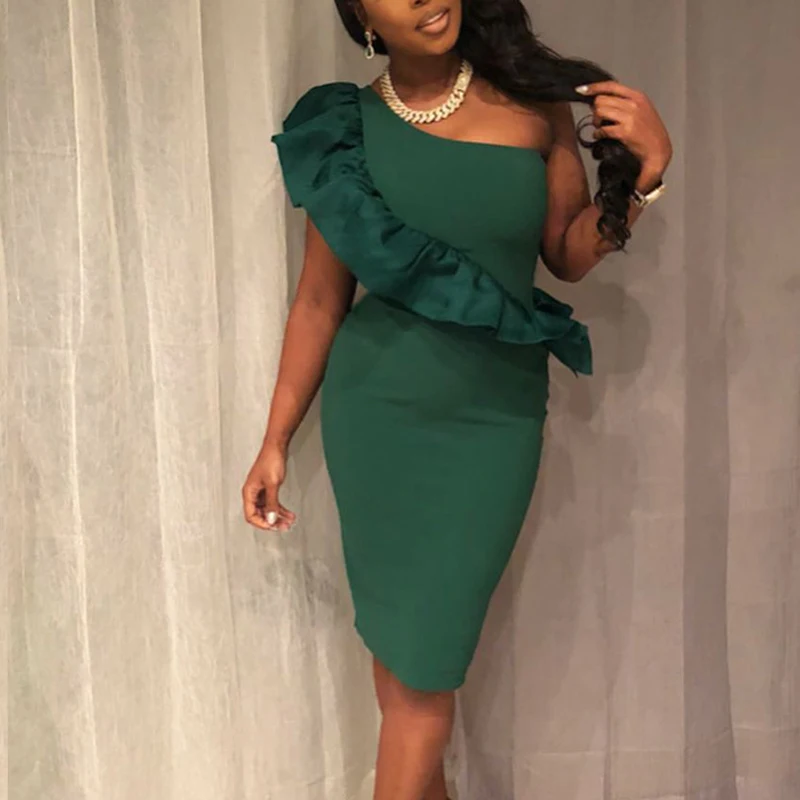 Женское Повседневное платье миди с оборками на одно плечо облегающие вечерние