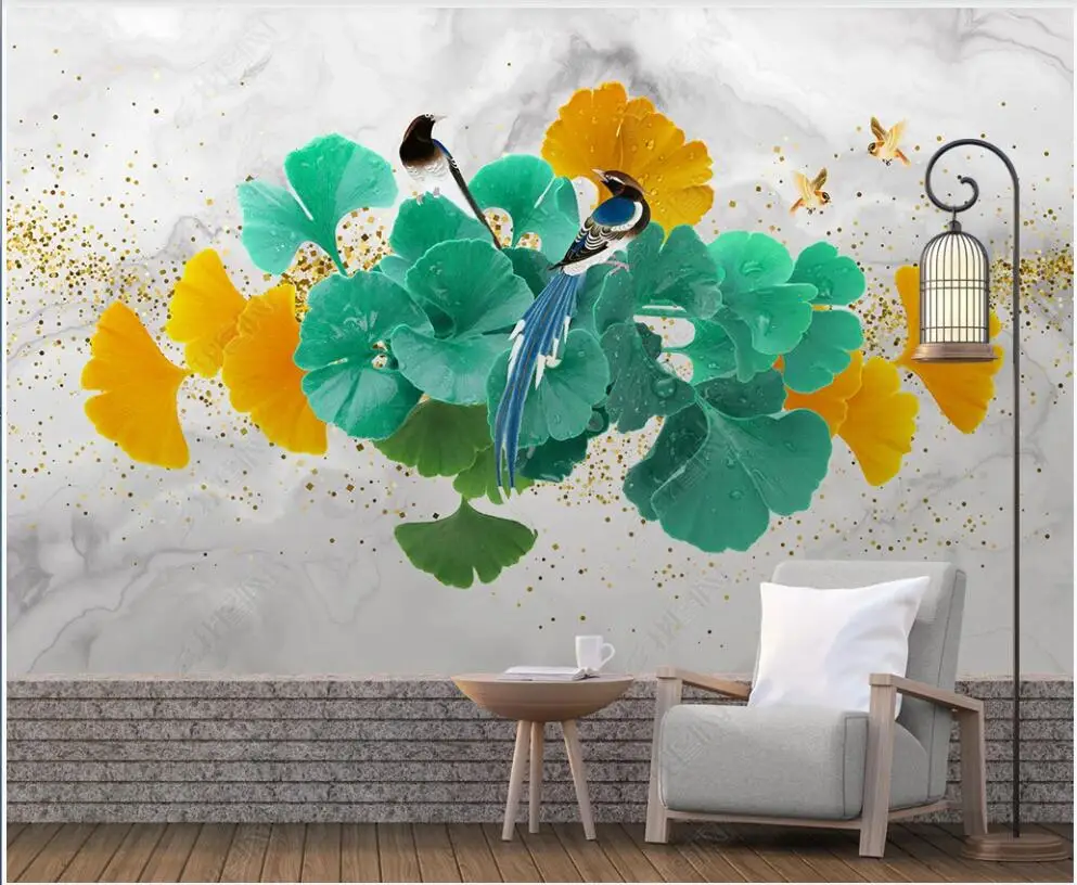 

custom mural Photo wallpaper Modern watercolor golden ginkgo leaf magpie bird bedroom 3d wallpaper for walls in rolls