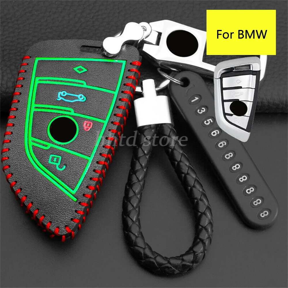 

Luminous Leather Remote Start Car Key Cover Case Fob Shell Bag Protector Holder Accessories For BMW X1 X4 X5 X6 X7 5 7 Series
