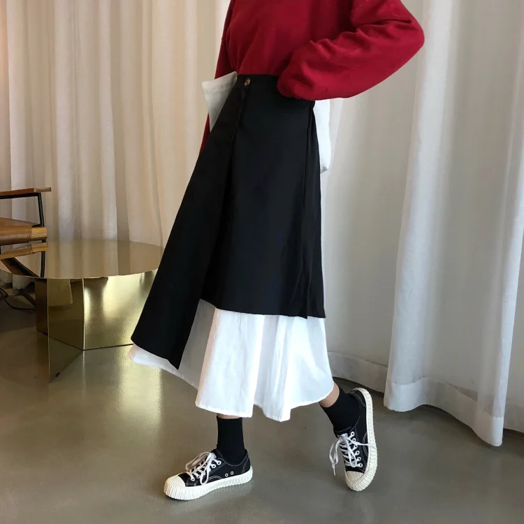 

Skirts Women Patchwork Korean Style High Waist Ankle-length Simple Harajuku Streetwear Skirt Womens Leisure Irregular Students