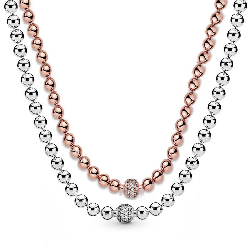

New 925 Sterling Silver Necklace Rose & Silver Beads & Pave Crystal Sliding Necklace For Women Popular Bead Charm DIY Jewelry