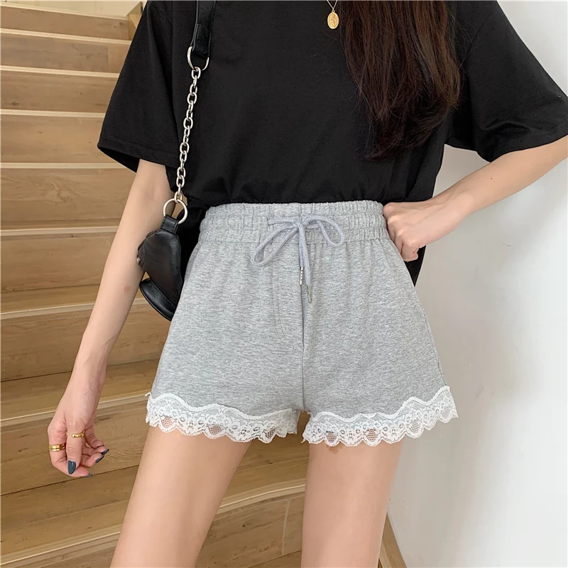 Gray 3 Sizes M-xl Lace Patckwork Elastic Fashion Simple Women Female 2021 Fashion Women Shorts