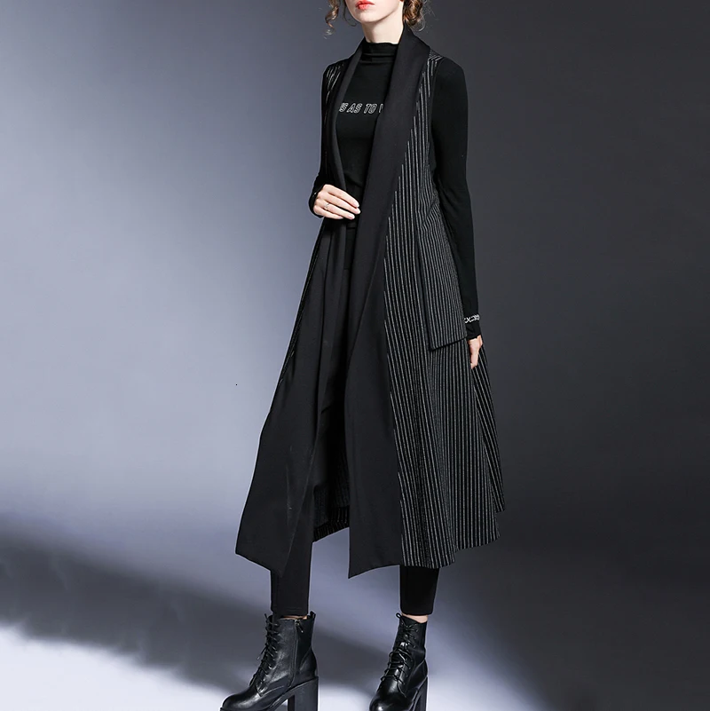 

[EAM] Women Black Striped Split Joint Big Size Long Loose Fit Vest New V-collar Sleeveless Fashion Spring Autumn 2021 1D291