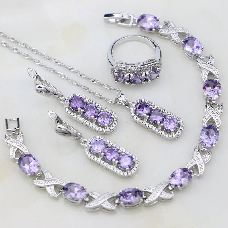 

925 Silver Bridal Jewelry Sets For Women White Crystal Purple Cubic Zirconia Wedding Bracelet/Necklace/Pendant/Earrings/Ring