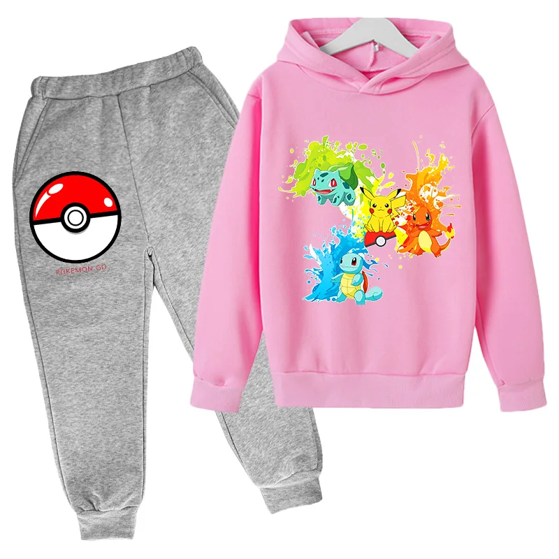 

2021 New Pikachu Hoodie Pokemon Suit Cotton Kids Hoodie And Pant Two-piece Children Clothing Set 4-14 Years Girl Boys Setautumn
