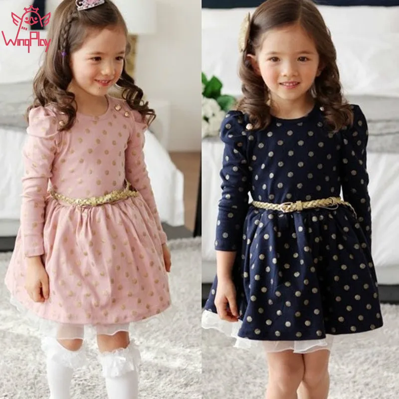 

2019 Autumn Long Sleeve Polka Dot Girls Dresses Flower Appliques Dress Princess Winter Party Tutu Gown Children Clothing