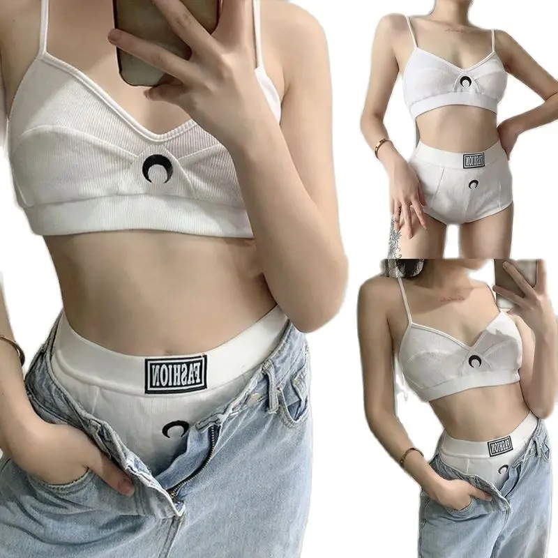 

Sexy Women Moon Embroidered 2 Piece Sport Underwear Set Spaghetti Straps Camisole Bra Panties Shorts Solid Color Ribbed Knit Int
