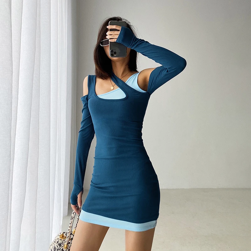 

TVVOVVIN весенне-осеннее модное пикантное мини-платье без бретелек с длинным рукавом женское облегающее ажурное асимметричное платье-двойка с ...
