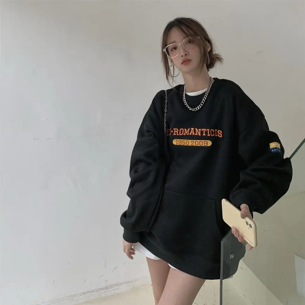 

cap coat 2020 new loose Korean black top Instagram trend Hoodie women winter/winter plus velvet thickened round collar