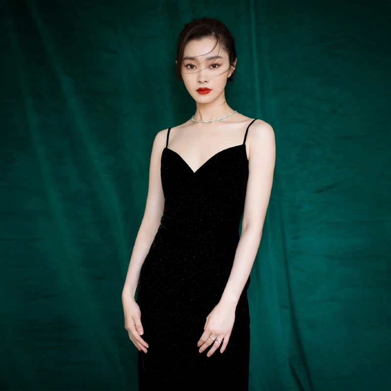 

Long Dress Runway Spring New Women'S Velvet Sexy Sling Fashion Classic Vintage Black Slim Elegant Chic Dresses